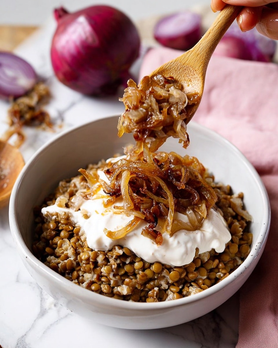 A white bowl filled with a thick layer of cooked lentils mixed with small pieces of browned onions. On top, there is a smooth, creamy white sauce covering the center. Above the sauce, a wooden spoon holds a serving of caramelized, golden-brown onion slices, ready to be added. The bowl sits on a white marbled surface with a few red onions blurred in the background, and a pink cloth with white dots is partially visible at the bottom right corner. Photo taken with an iphone --ar 4:5 --v 7