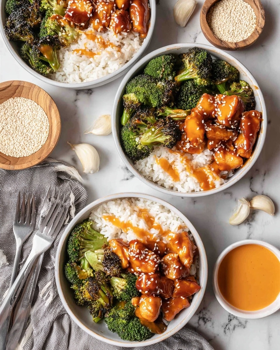 Three white bowls are filled with three layers: at the bottom, white rice with a soft texture; on one side, bright green broccoli with slightly charred edges; on the other side, small pieces of shiny, brown chicken coated in sauce; orange sauce drizzles over the chicken and broccoli, sprinkled with tiny white sesame seeds. The bowls sit on a white marbled surface with scattered garlic cloves, a wooden bowl of white sesame seeds, two grey forks, and a small white bowl of extra orange sauce nearby. Photo taken with an iphone --ar 4:5 --v 7