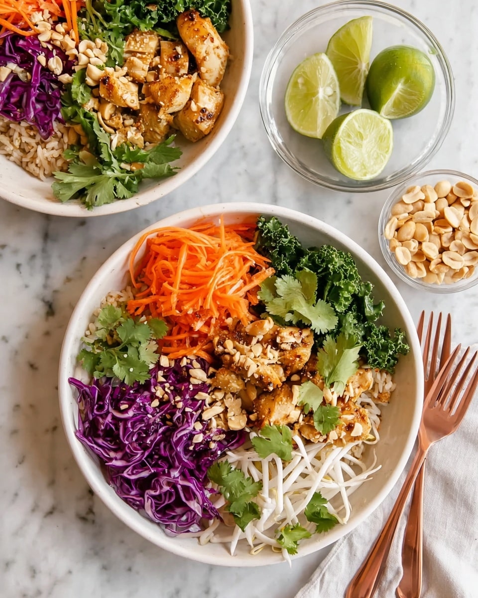 Two white bowls sit on a white marbled surface, each filled with colorful layers. The bottom layer is brown rice, topped with shredded bright orange carrots on one side and deep purple shredded cabbage on another side. Fresh green kale sits beside the cabbage, and white bean sprouts are placed near the carrots. In the center, there are chunks of golden-brown cooked chicken sprinkled with chopped peanuts and black pepper. Fresh green cilantro leaves rest on top, adding a vibrant touch. Next to the bowls on the surface, there are green lime wedges and a small clear bowl filled with peanuts. Two copper forks are placed near the top bowl. Photo taken with an iphone --ar 4:5 --v 7
