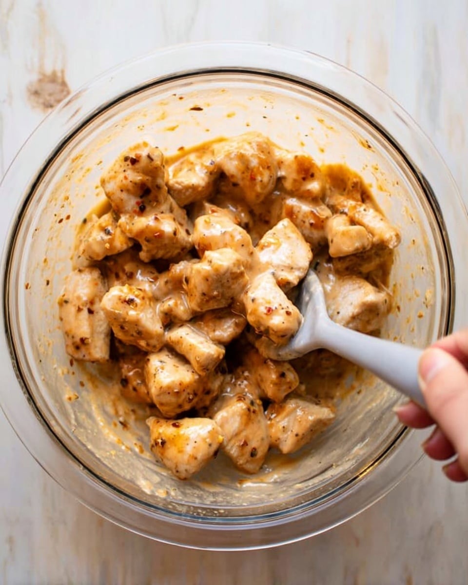 The image shows a clear glass bowl filled with small, cooked white meat pieces covered in a thick, creamy light brown sauce with visible seasoning and spices. A white spoon with a gray handle is in the bowl, scooping some of the meat and sauce. The bowl is placed on a white marbled surface. There is a woman's hand holding the bowl from the edge. Photo taken with an iphone --ar 4:5 --v 7