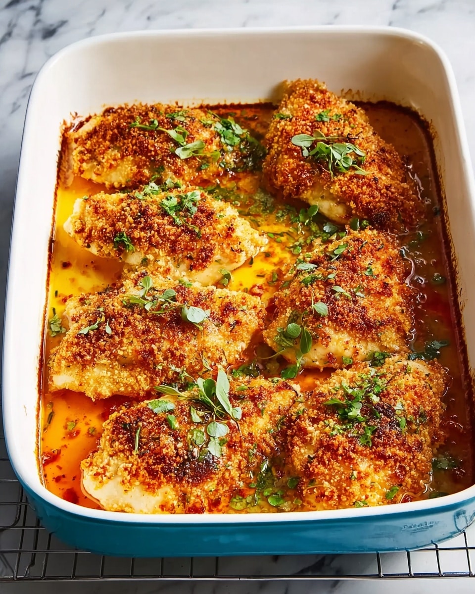 The image shows a white rectangular baking dish filled with six pieces of cooked chicken topped with a golden brown, crispy layer of breadcrumbs and herbs. The chicken pieces sit in a shallow pool of orange oil and juices. Small green herb leaves are scattered evenly on top, adding color contrast. The dish rests on a white marbled surface with part of a metal rack visible underneath. Photo taken with an iphone --ar 4:5 --v 7