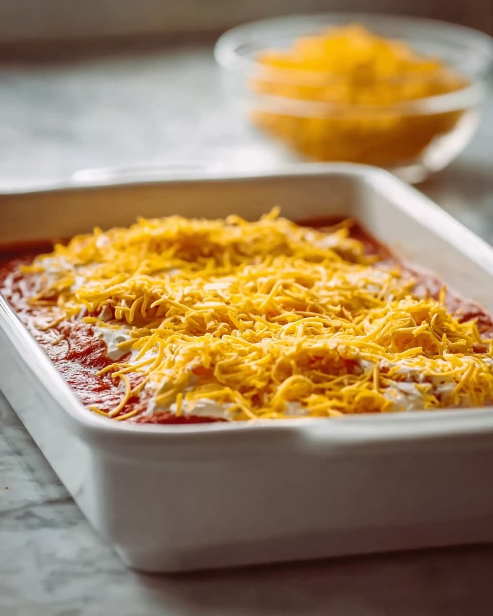 A white rectangular dish with three visible layers is shown, sitting on a white marbled surface. The bottom layer is a thick, red tomato sauce spread evenly across the dish. In the middle, there is a layer of creamy white cheese mixture that contrasts with the red sauce. The top layer is a generous amount of shredded yellow-orange cheese covering the surface, with some spots of the white cheese peeking through. The background is softly blurred to focus on the food, and in the distance, a small glass bowl with a similar yellow-orange shredded cheese is visible. The photo is taken with an iphone --ar 4:5 --v 7