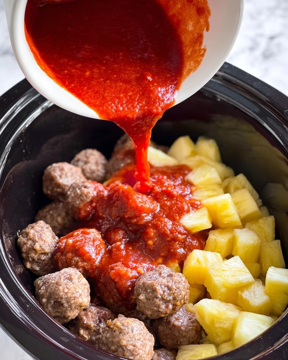 A close-up image shows a white bowl pouring a thick, bright red sauce over a slow cooker filled with three layers: the bottom layer has rough-textured, round, light brown meatballs; the middle layer has chopped, yellow pineapple chunks scattered over the meatballs; and the top layer is the red sauce flowing down from the white bowl, covering some pineapple and meatballs. The background surface is white with a marbled texture. Photo taken with an iphone --ar 4:5 --v 7