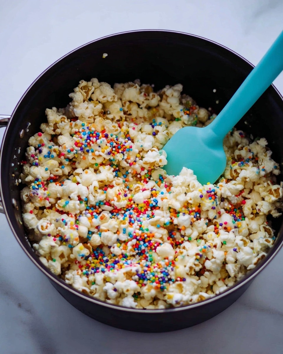 A big black pot filled with white popcorn covered in small, round, colorful sprinkles in red, blue, green, yellow, orange, and purple. The popcorn shows shiny sticky threads holding it together, giving it a textured look. A light blue spatula is mixing the popcorn on the right side of the pot. The pot is on a white marbled surface with soft natural light. photo taken with an iphone --ar 4:5 --v 7