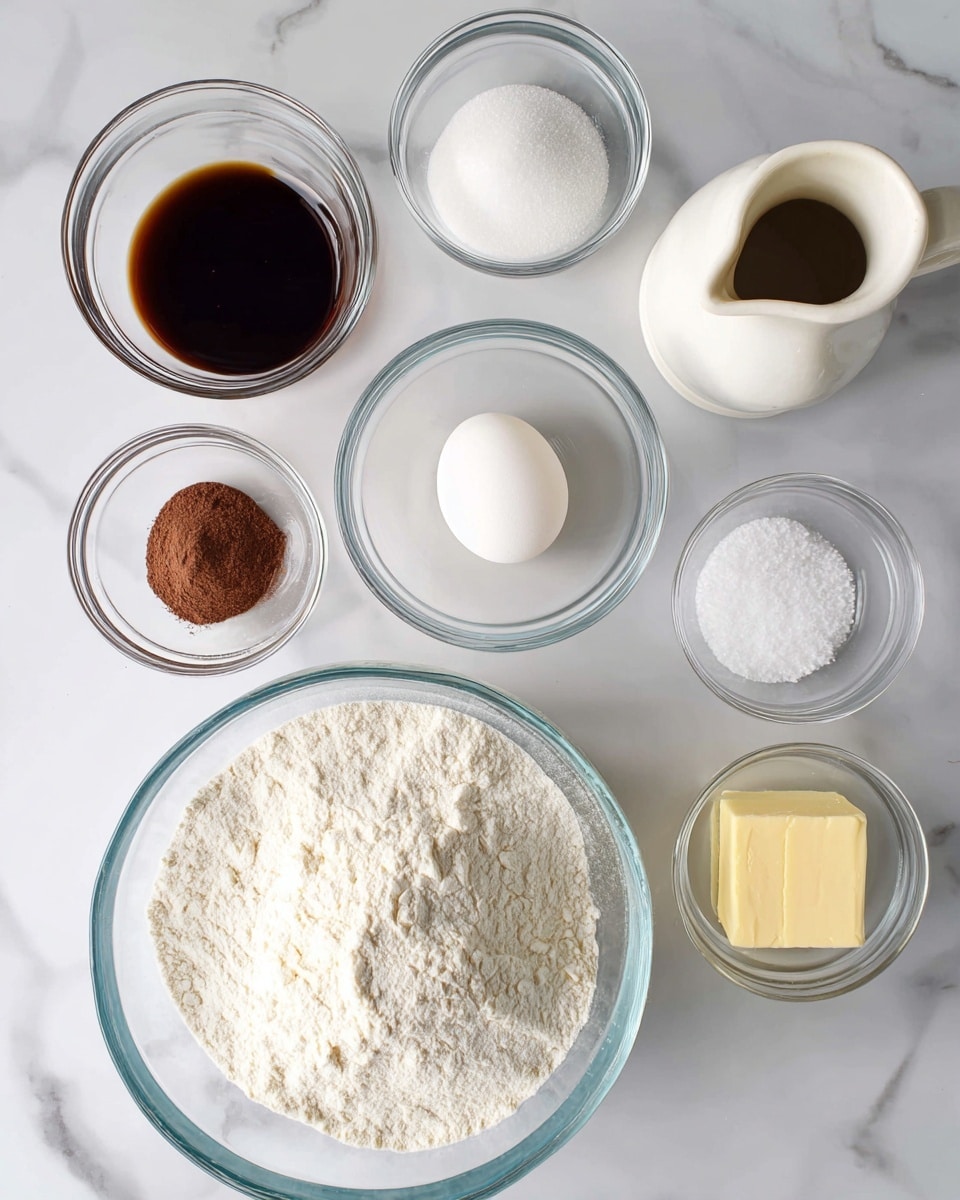 The image shows seven small clear glass bowls with different ingredients arranged on a white marbled surface in two rows. The top row has three bowls: dark brown liquid, white granulated sugar, and one whole white egg. Next to them is a white ceramic cream pitcher with a handle and spout. The bottom row has three bowls: brown powder, a pale yellow square of butter, and fine white salt. In front of these bowls is a large clear glass bowl filled with white flour that looks soft and powdery. The setup is neat and bright, with a clean and simple look. Photo taken with an iphone --ar 4:5 --v 7