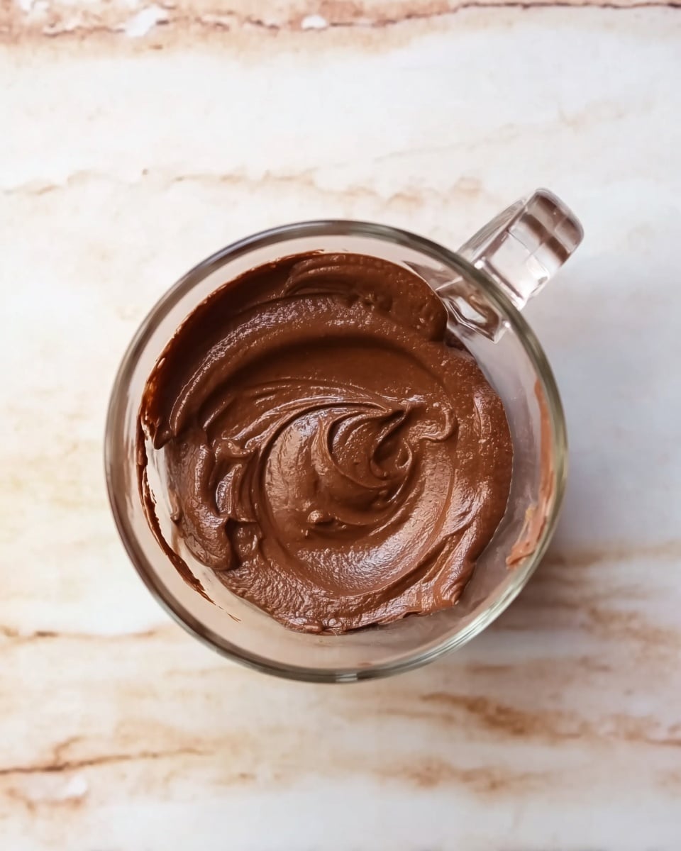 The image shows a clear glass cup with a small amount of smooth, thick, chocolate brown spread in the center at the bottom. The spread has slight swirls and a shiny surface, appearing creamy and rich. The cup handle is visible at the top, and the cup is placed on a white marbled surface with light gray and beige veins, giving a clean and natural look. photo taken with an iphone --ar 4:5 --v 7