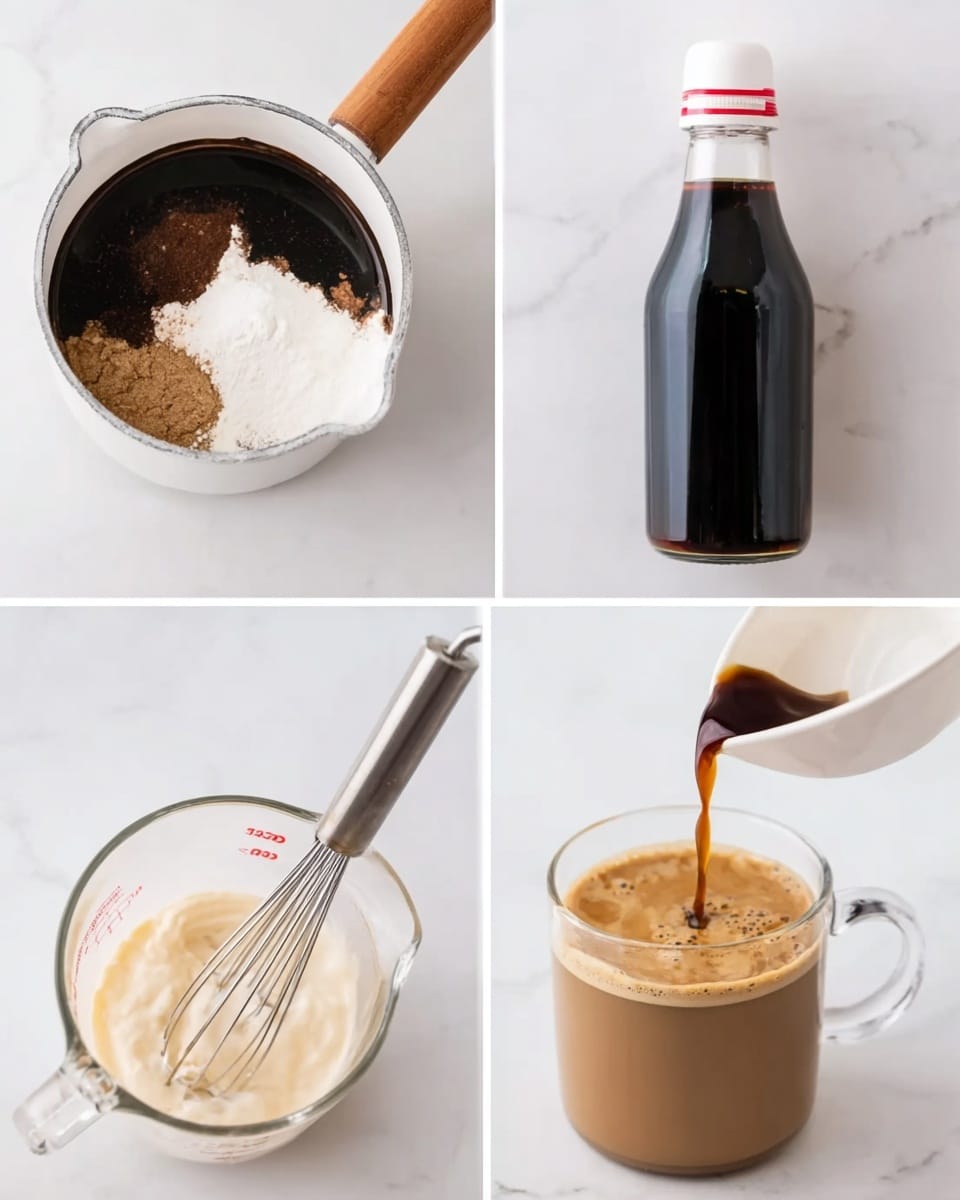 The image shows four smaller pictures arranged in a grid on a white marbled surface. The top left picture has a white pot with dark brown, white, and tan powders mixed inside with a wooden handle visible. The top right picture shows a clear bottle filled with a dark liquid and a white cap with red accents, standing alone. The bottom left picture depicts a clear measuring cup with cream-colored liquid being mixed by a black electric whisk. The bottom right picture shows a transparent mug with light brown coffee inside, as a dark brown liquid is poured from a white spoon into the mug. Photo taken with an iphone --ar 4:5 --v 7