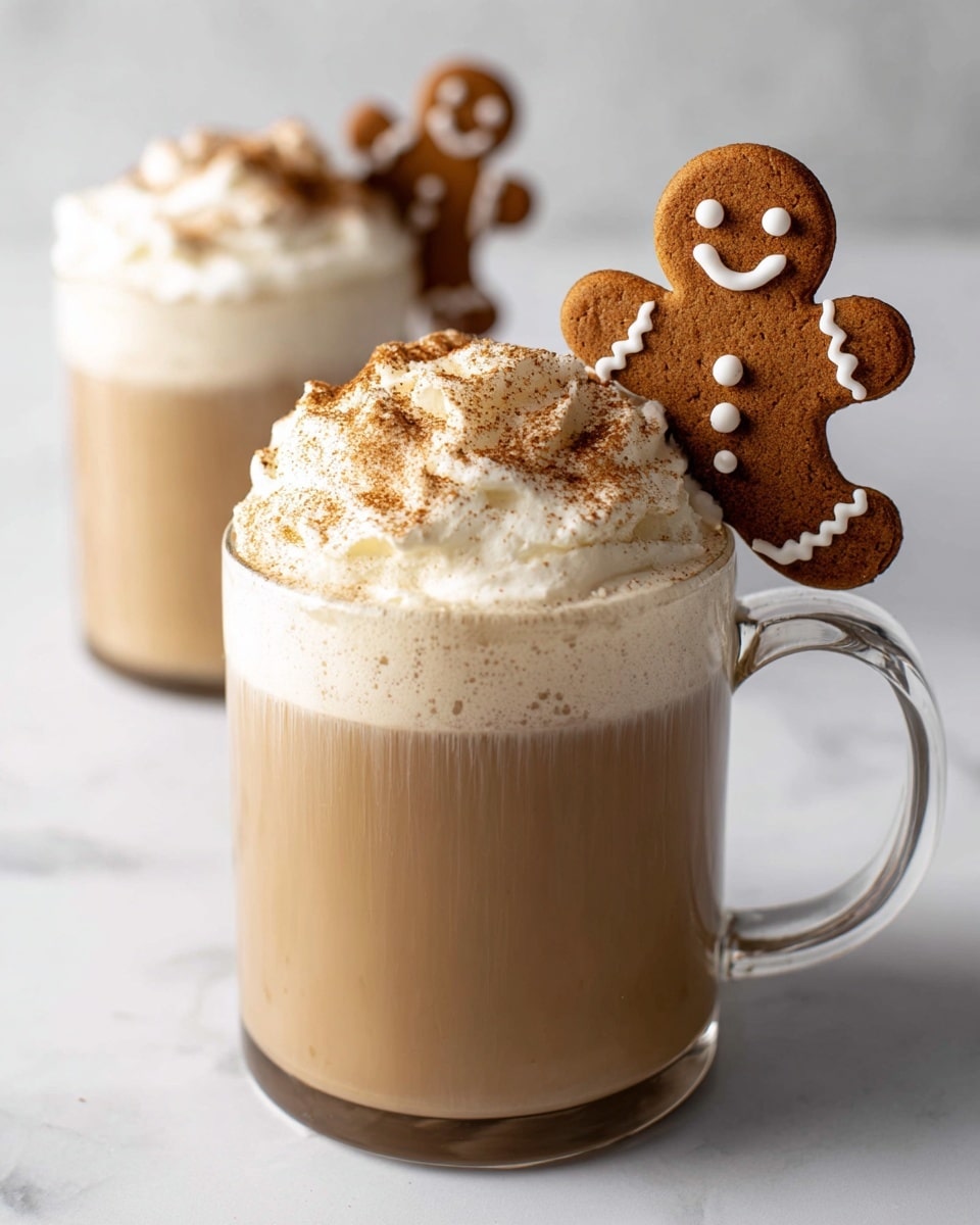 A clear glass mug filled with light brown coffee forms the first layer, topped with a thick layer of white foamy whipped cream sprinkled with brown cinnamon powder. A smiling gingerbread cookie decorated with white icing is placed leaning inside the whipped cream on the right side of the mug. In the background, another similar mug is slightly blurred, also topped with whipped cream and a gingerbread cookie on a white marbled surface. Photo taken with an iphone --ar 4:5 --v 7