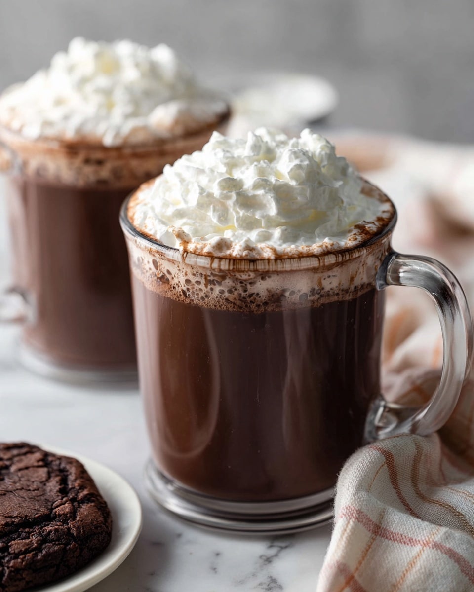 Two clear glass mugs filled with dark brown hot chocolate topped with a thick, fluffy layer of white whipped cream. The mugs sit on a white marbled surface, one mug close in front and the other slightly blurred in the back. A folded cloth with a checkered pattern in soft colors is next to the front mug, and a white plate with a cracked dark chocolate cookie is visible on the side. Photo taken with an iphone --ar 4:5 --v 7