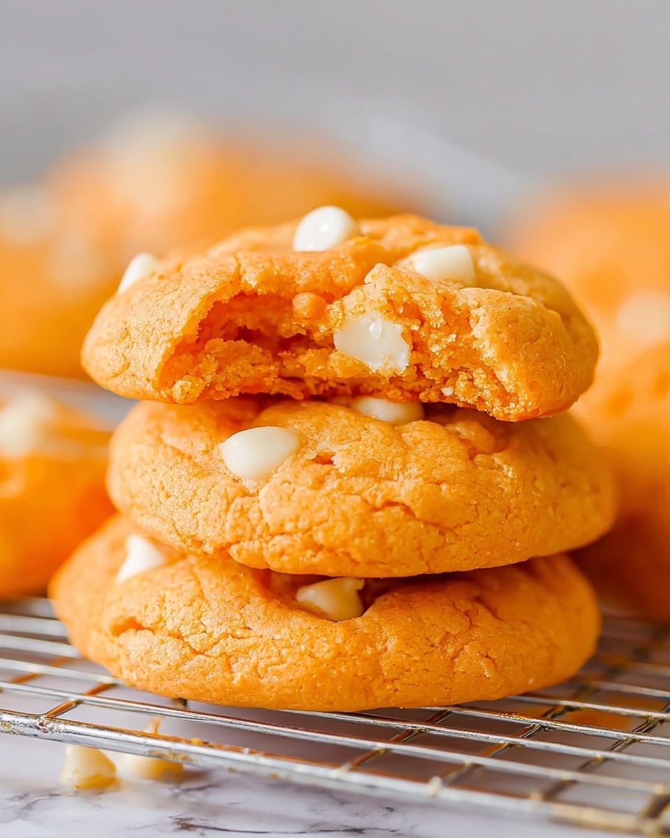 A close-up of three thick, round orange cookies stacked on a metal wire rack on a white marbled surface. The top cookie is broken, showing a soft and moist inside with visible melted white chocolate chips in each cookie. The textures are crumbly on the edges and smooth with slightly cracked tops. The bright orange color contrasts with the creamy white chocolate bits scattered on each cookie. Photo taken with an iphone --ar 4:5 --v 7