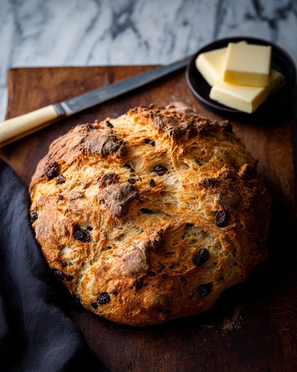 A round, rustic loaf of golden brown bread with a rough, uneven surface studded with dark raisins baked into it, showing a crusty texture with cracks and folds. The bread sits on a dark wooden board with a black cloth partially underneath. Next to it is a small black dish filled with thick, pale yellow slices of butter, placed near the top right corner. A long silver knife with a pale yellow handle rests diagonally above the bread on the wooden surface. The background is changed to a white marbled texture. photo taken with an iphone --ar 4:5 --v 7
