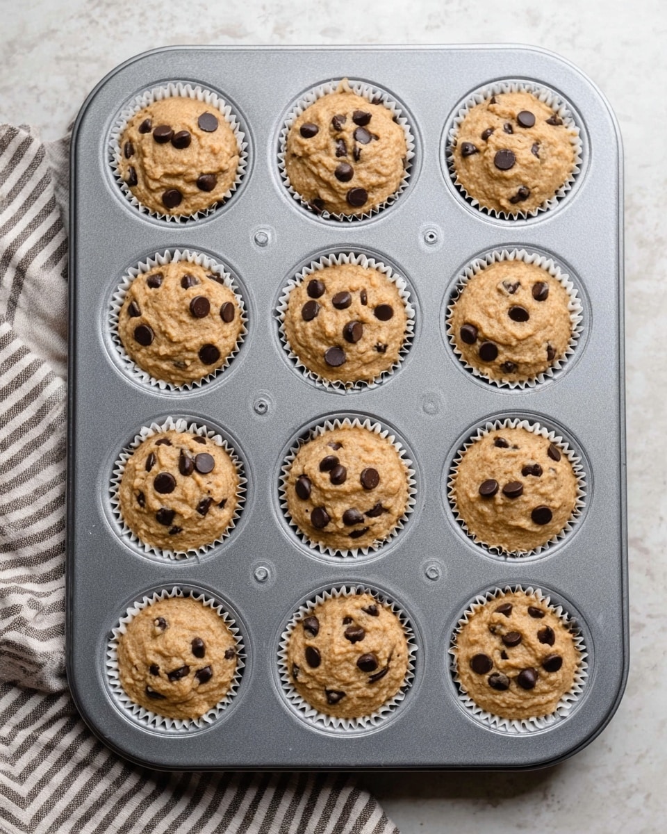 A gray metal muffin tray with twelve cups is shown filled with light brown muffin batter mixed with dark chocolate chips. Each cup contains a white paper liner holding the batter, which is slightly uneven and textured on top. The tray sits on a surface with a white marbled texture, and a striped cloth is partially visible on the left side. The scene is bright and clear, showing the different amounts of batter and chocolate chips in each cup photo taken with an iphone --ar 4:5 --v 7