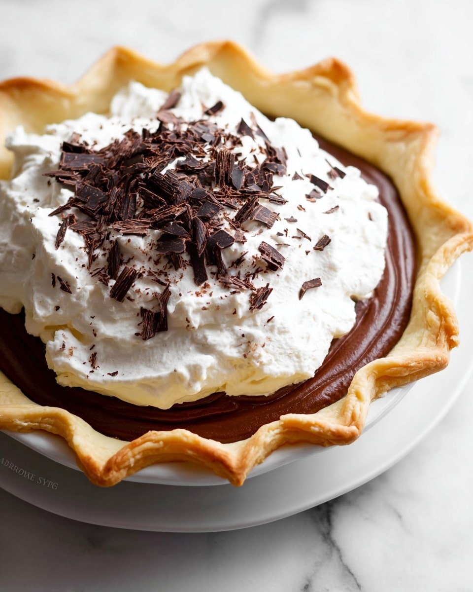 The image shows a pie with three clear layers, placed on a white plate on a white marbled surface. The bottom layer is a golden, baked crust with a wavy edge, looking flaky and slightly shiny. Above the crust is a smooth, rich chocolate filling with a deep brown color, spread evenly inside the crust. On top of the chocolate filling, there is a thick, fluffy white whipped cream layer, piled high and looking soft. The whipped cream is decorated with dark chocolate shavings that have a rough texture and are scattered mostly in the center, adding contrast to the white cream. photo taken with an iphone --ar 4:5 --v 7