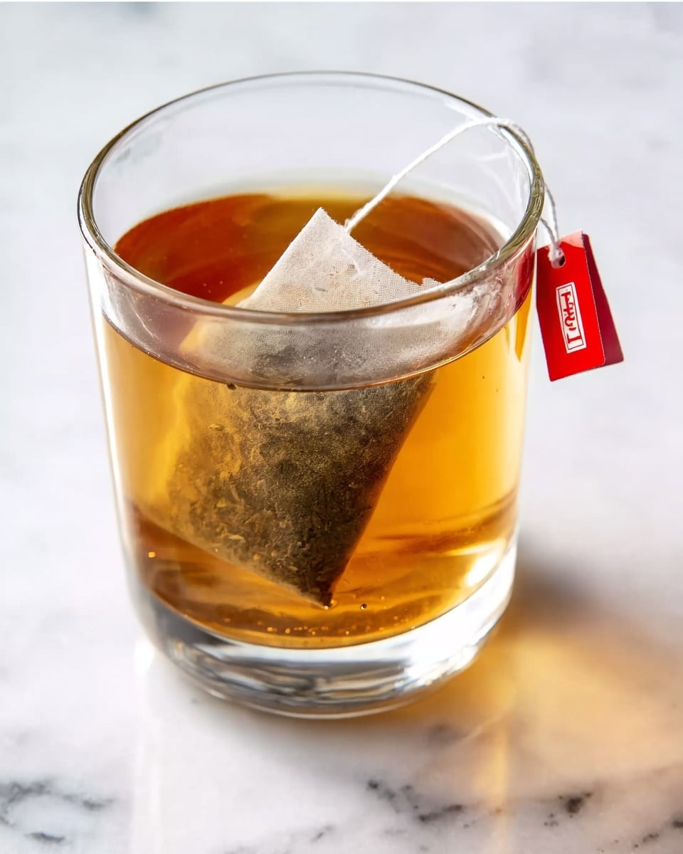 A clear glass filled with warm golden-brown tea sits on a white marbled surface. A tea bag with a translucent texture and tea leaves visible inside is steeping inside the glass. The tea bag’s string extends out to the right, ending with a red tag featuring white text. The glass is simple and slightly thick, showing gentle reflections from the white marbled background. photo taken with an iphone --ar 4:5 --v 7