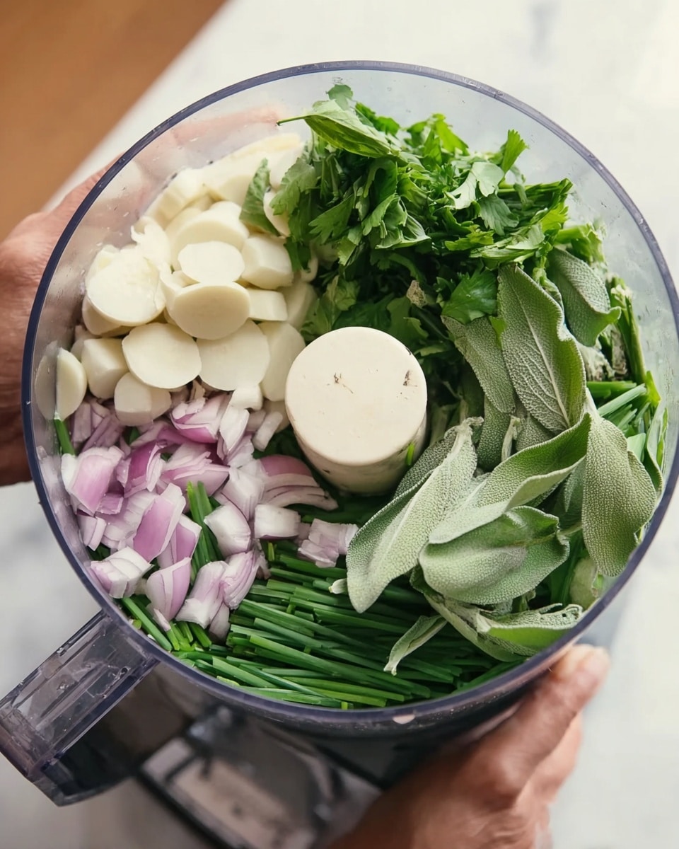 Inside a clear food processor bowl, there are several layers of fresh ingredients ready to be blended. At the bottom, there are green chive stalks and light purple slices of shallots scattered around. On top to the left, there are round, pale white slices of garlic. In the middle left, there are bright green flat parsley leaves, while on the middle right, larger, pale green sage leaves with white veins are placed. There are some long, thin green stems in the middle as well. A woman's hand is holding the side handle of the food processor, and another woman's hand steadies the base. The background is a white marbled surface. photo taken with an iphone --ar 4:5 --v 7