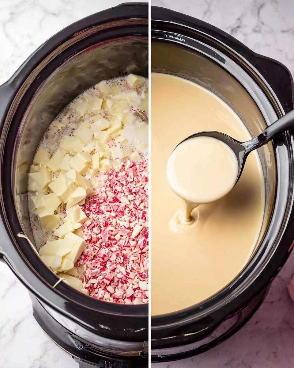 The image shows a close-up of a slow cooker with two different scenes side by side. On the left, there are small white chocolate pieces and crushed red peppermint candies inside the black slow cooker. A woman's hand is pouring a white cream or milk over them. The chocolate pieces are chunky and the candies look finely crushed, adding a touch of red to the white chocolate and cream. On the right, the slow cooker shows a creamy, smooth beige liquid being stirred with a black ladle inside, with the ladle full of the liquid lifted for view. Both parts of the image have a bright, clean look with the cooker set on a white marbled surface. Photo taken with an iphone --ar 4:5 --v 7