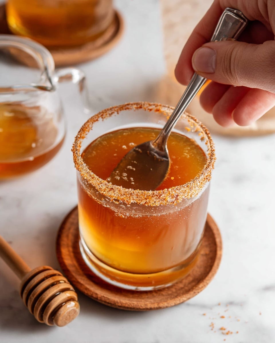 A clear glass with a sugar and spice mix rim holds a warm amber-colored drink. Inside the glass, a silver spoon stirs the liquid, creating light ripples and small bubbles. The glass sits on a white marbled surface with a wooden honey dipper close by in the foreground. Nearby, an empty clear glass with a similar rim rests on a wooden coaster, and a measuring cup with amber syrup is visible in the background. A woman's hand is gently holding the spoon, stirring the drink. photo taken with an iphone --ar 4:5 --v 7