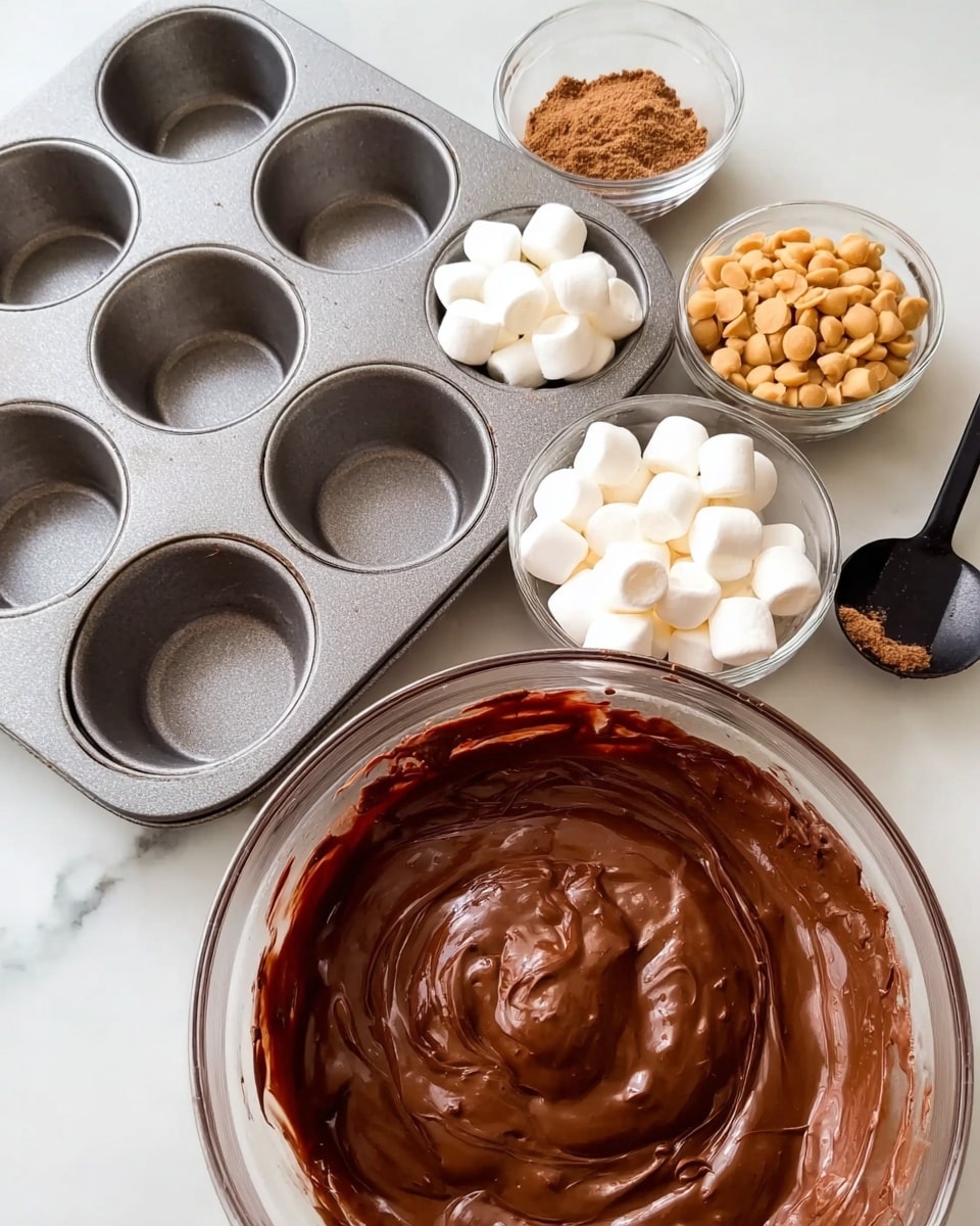 A top view of a baking setup on a white marbled surface showing a metal muffin pan with six round cups on the left side. To the right, there is a clear glass bowl filled with smooth, glossy chocolate batter, mixed and ready to use, and three smaller glass bowls behind it holding mini white marshmallows, light brown peanut butter chips, and cocoa powder with a small black spoon inside. The scene shows a clean and simple arrangement for making chocolate muffins or cupcakes, emphasizing the rich chocolate batter and key toppings. Photo taken with an iphone --ar 4:5 --v 7