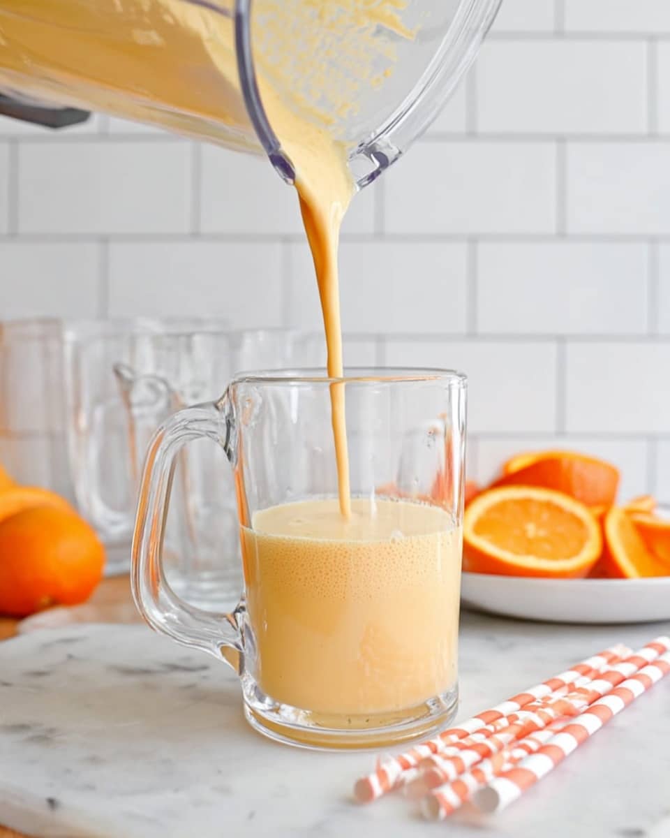 A transparent glass mug sits on a white marbled surface with a light orange creamy liquid being poured into it from a blender above. The liquid forms a soft thick layer at the bottom of the glass. In the background, there are more empty clear glasses and sliced oranges on a white plate. Two white and orange striped straws lie on the surface near the glass. The scene is bright and clean with a white tiled wall in the background. photo taken with an iphone --ar 4:5 --v 7