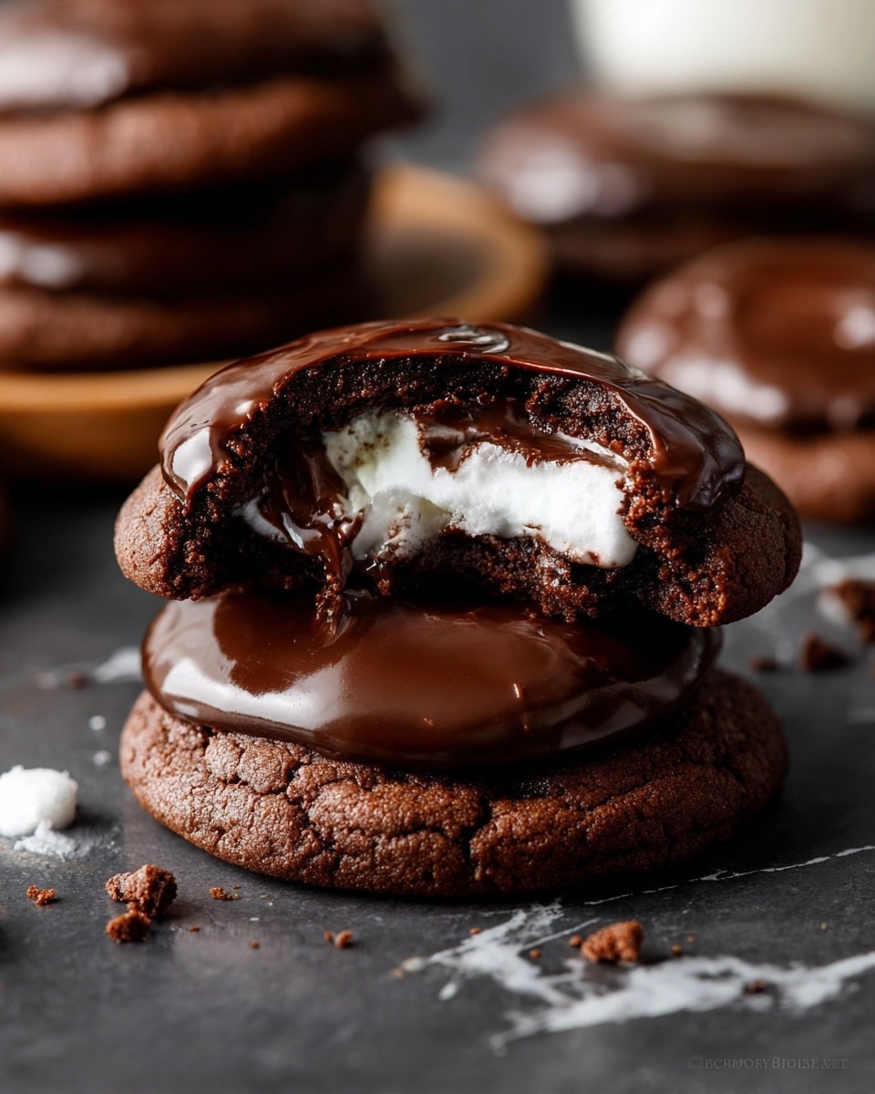 Two chocolate cookies are stacked on a dark surface with a white marbled texture. The bottom cookie is smooth with a glossy chocolate layer on top. The top cookie has a bite taken out, revealing a white, soft marshmallow center inside. The cookie itself is dark brown and slightly cracked around the edges, with melted chocolate covering the top part and a few crumbs scattered nearby. Blurred cookies on a wooden plate are in the background. Photo taken with an iphone --ar 4:5 --v 7