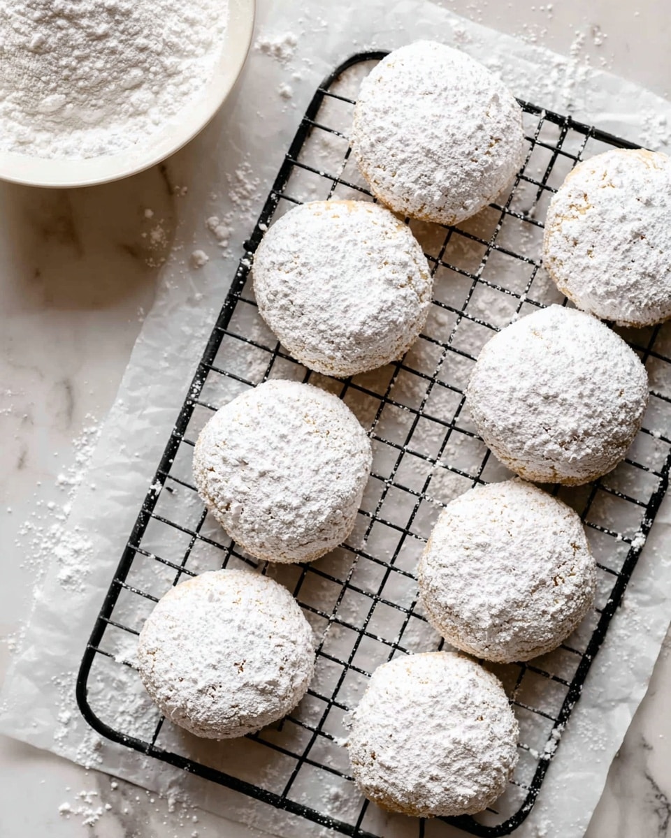 The image shows five round cookies resting on a black cooling rack placed on a white marbled surface. Each cookie is covered with a thick layer of powdered sugar, giving them a soft, snowy white texture. The cookies have a slightly rough and crumbly exterior visible under the sugar coating. The background is softly blurred with a light beige fabric, keeping the focus on the cookies. Photo taken with an iphone --ar 4:5 --v 7