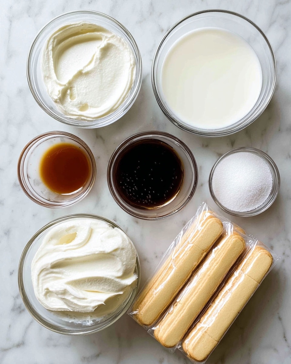 A flat lay of six clear glass bowls and a pack of ladyfinger biscuits on a white marbled surface. The largest bowl holds thick, white cream with a smooth, slightly whipped texture. Next to it is a medium bowl of white liquid, likely milk or cream, smooth and glossy. Another medium bowl contains a dark brown liquid, clear with tiny bubbles on the surface. Two small bowls sit above; one with a light brown liquid, and the other with a dark, almost black liquid, both clear and shiny. A small bowl of white granulated sugar is also included, showing a fine texture. On the right, three packs of pale yellow ladyfinger biscuits are stacked vertically, wrapped in clear plastic. Photo taken with an iphone --ar 4:5 --v 7