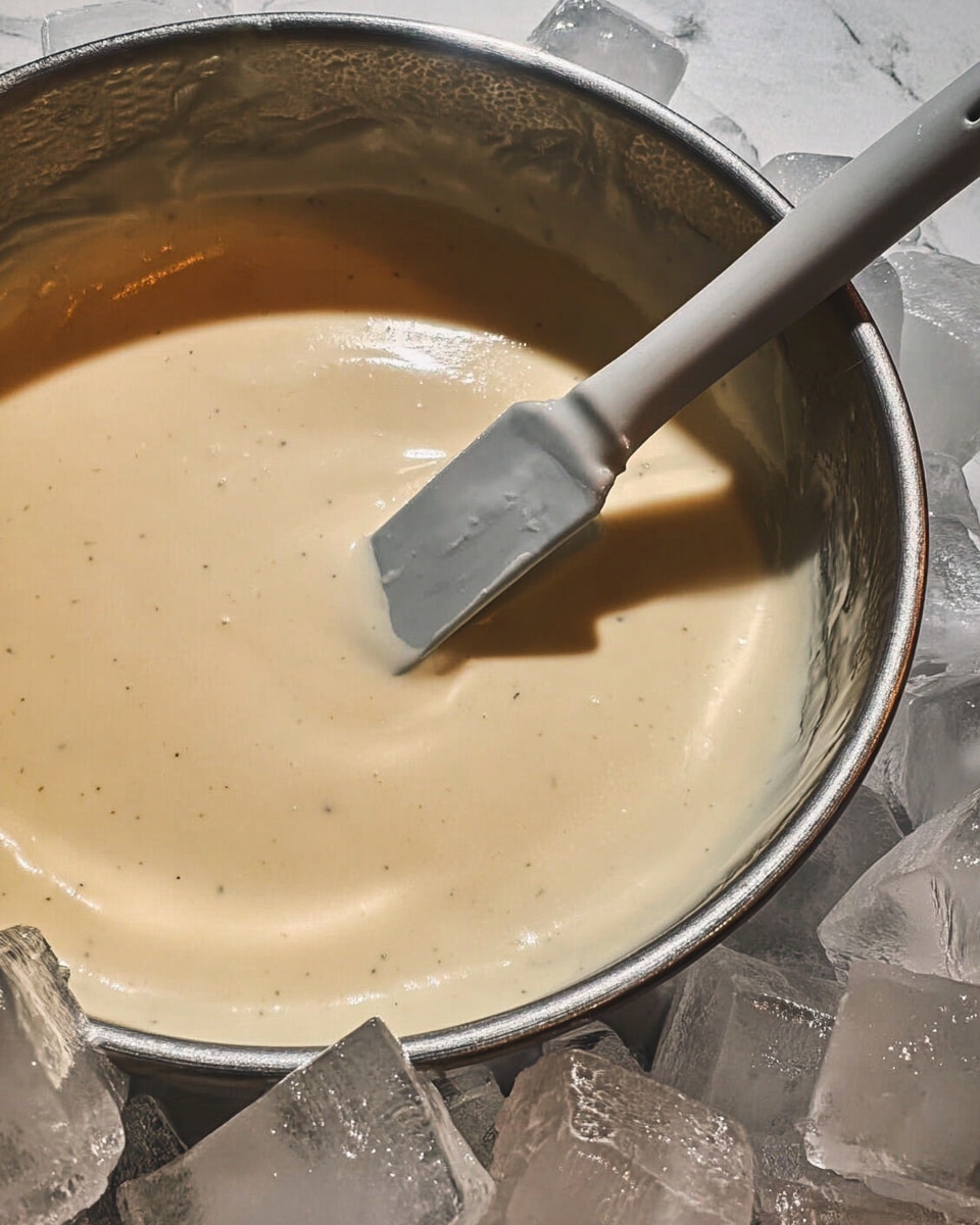 A close-up view of a shiny metal bowl filled with smooth, light beige cream that has a few small black specks scattered throughout; a spatula with a white blade and gray handle is resting inside the bowl, partially submerged in the creamy mixture. The bowl is surrounded by chunks of ice, and the scene is set against a white marbled texture background. photo taken with an iphone --ar 4:5 --v 7