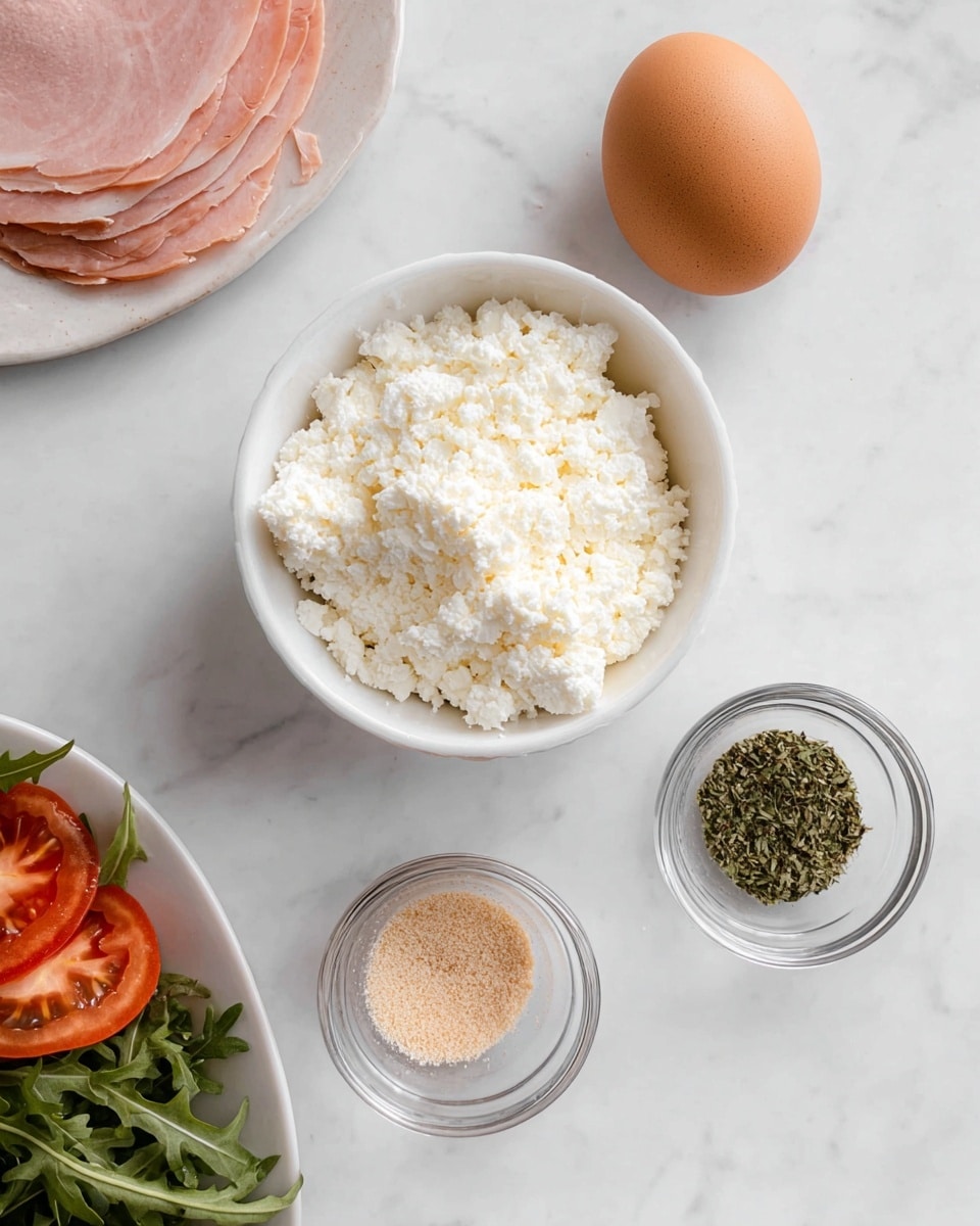 The image shows a white bowl filled with white crumbly cheese in the center, with two small clear bowls at the bottom side—one holding a light brown granulated powder and the other filled with green dried herbs. On the right side, there is a brown egg resting on the white marbled surface, and above it, there are folds of light pink sliced deli meat. At the bottom left corner of the image is a white plate with sliced red tomatoes and green leafy arugula. The whole scene is set on a white marbled texture. photo taken with an iphone --ar 4:5 --v 7