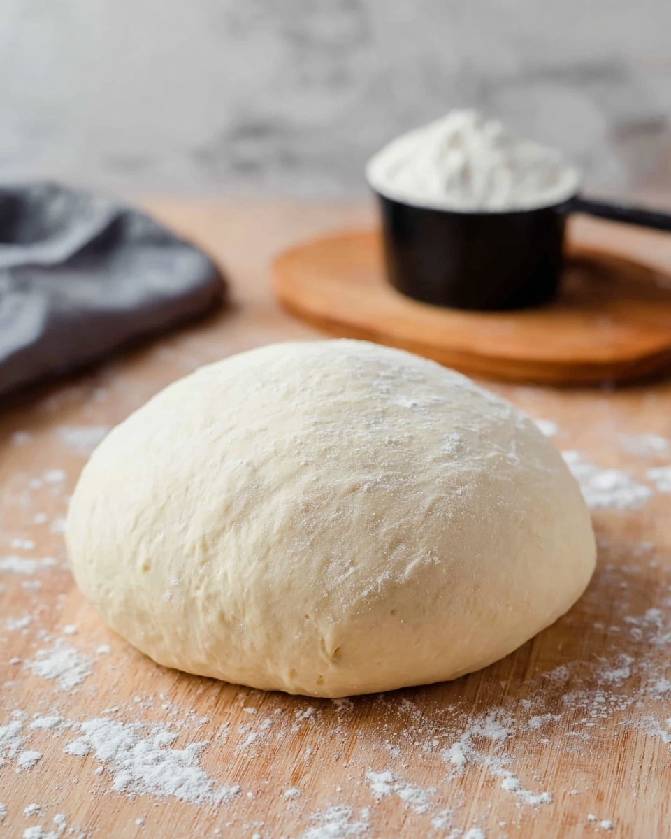 A smooth, round ball of dough with a soft, slightly textured surface sits on a light wooden table dusted with scattered white flour specks. In the background, there is a white marbled surface with a black measuring cup filled with flour placed on a small wooden board. The scene focuses on the dough with a natural, soft look, highlighting its slightly uneven texture and light creamy color. photo taken with an iphone --ar 4:5 --v 7