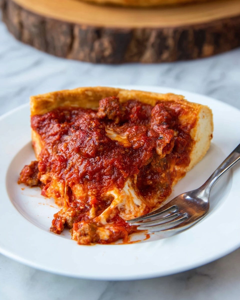 A slice of deep-dish pizza rests on a white plate with a silver fork beside it. The pizza has a thick golden-brown crust on the outer edge. The top layer is a chunky, rich red tomato sauce spread thickly over the slice. Underneath the sauce, there are visible melted cheese strings and pieces of browned sausage mixed into the sauce, giving a textured look. The background shows a white marbled surface with a rustic wooden round board blurred out. photo taken with an iphone --ar 4:5 --v 7