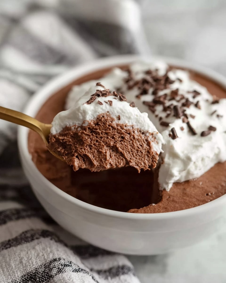 A close-up of a white bowl filled with two layers of dessert; the bottom layer is smooth, dark brown chocolate mousse, and the top layer is white whipped cream with small chocolate shavings scattered on it. A golden spoon holds a scoop of the chocolate mousse and whipped cream, showing the light, fluffy texture of the mousse and the creamy whipped cream. The bowl is placed on a soft cloth with grey and white stripes on a white marbled surface. Photo taken with an iphone --ar 4:5 --v 7