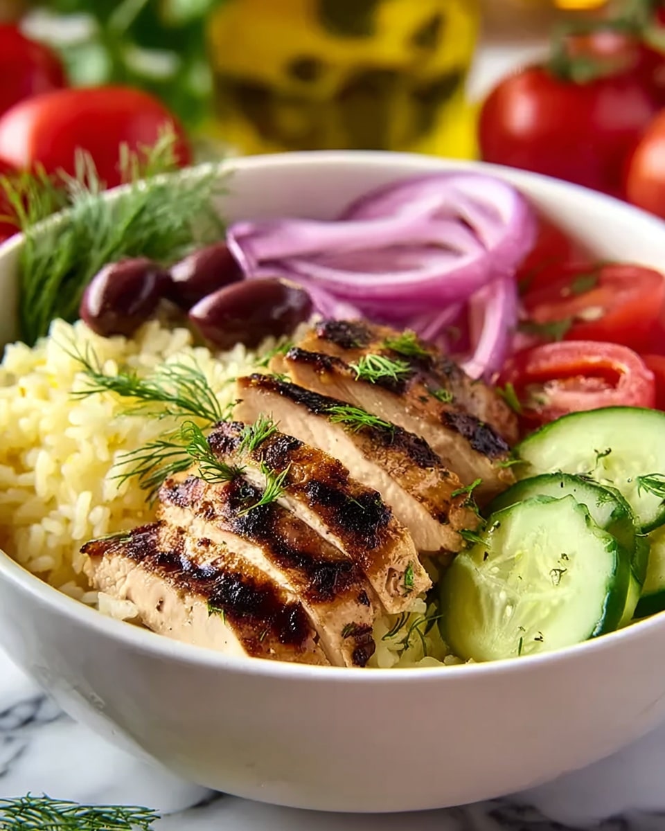 A white bowl contains a colorful dish with five layers arranged in sections: grilled chicken slices with light brown char marks and white creamy sauce on top on the right side, next to a portion of yellowish couscous garnished with green dill. Beside the couscous is a cluster of thinly sliced red onion rings topped with dollops of white creamy sauce and sprigs of dill. Moving left, there are dark purple beet cubes, and next to them, a mix of bright red cherry tomato halves and small green cucumber chunks. The bowl is set on a white marbled surface with a blue and white patterned napkin underneath, and a piece of yellow lemon is visible on the bottom right corner. Photo taken with an iphone --ar 4:5 --v 7