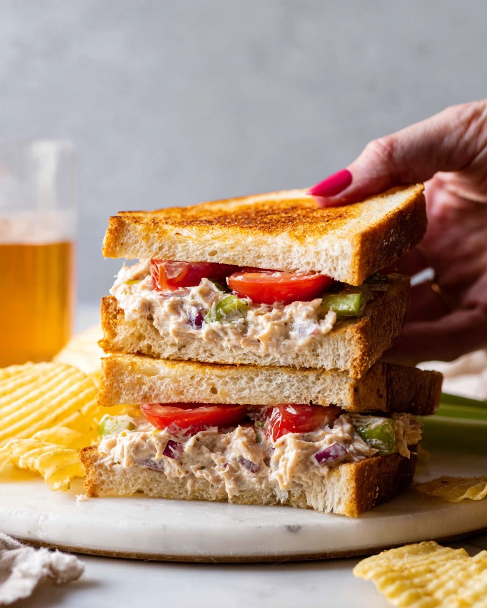 A sandwich with two layers of toasted golden-brown bread, each slice showing a slightly crispy crust. The bottom layer has a creamy, chunky tuna salad mixed with small bits of green celery and red onion, topped with vibrant red tomato slices. The sandwich is cut diagonally and stacked, with the top piece being held by a woman's hand. Next to the sandwich, there is a small pile of light yellow, ridged potato chips. The background shows a white marbled surface with a soft, neutral backdrop, and a glass of light amber liquid is faintly visible. Photo taken with an iphone --ar 4:5 --v 7