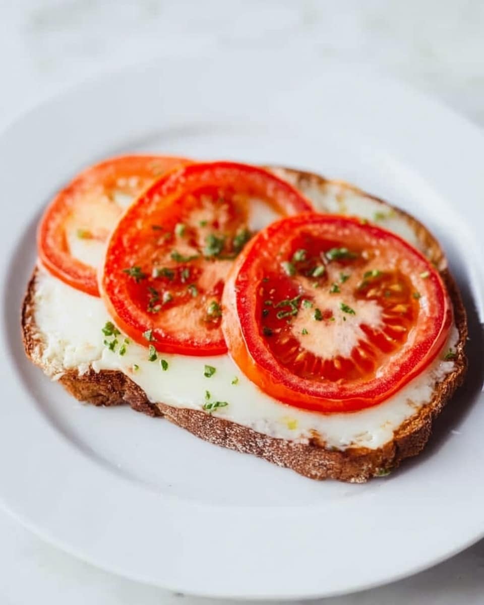 A single slice of toasted bread sits on a white plate over a white marbled surface. The slice is topped with a layer of melted white cheese that covers the bread evenly. On top of the cheese, there are three bright red, round tomato slices, arranged in a slightly overlapping line across the bread. Small green bits are visible, likely herbs, adding a pop of color on the cheese near the edges of the bread. The texture of the bread is crisp and golden brown. photo taken with an iphone --ar 4:5 --v 7