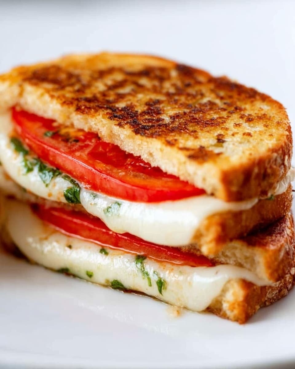 A close-up of a toasted sandwich cut in half and stacked, showing two slices of golden brown, crispy bread with a slightly charred center on top. Inside, there is a thick, white melted cheese layer directly under the top bread, with a bright red tomato slice visible beneath the cheese. A coating of green pesto spread is applied to the inner sides of the bread layers, adding texture and color contrast. The sandwich is placed on a wood surface, with a small drip of sauce or oil underneath. Photo taken with an iphone --ar 4:5 --v 7