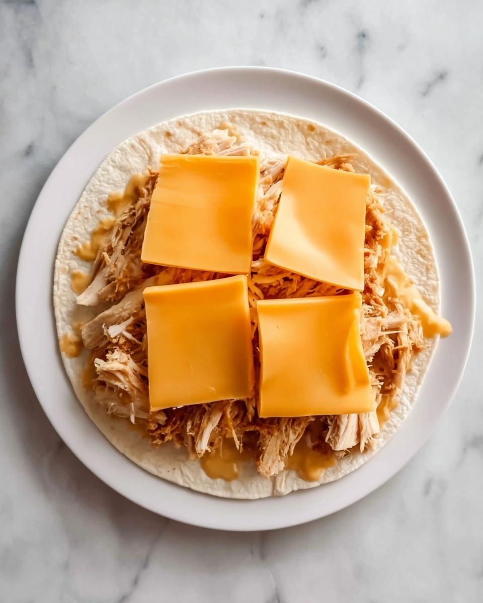 The image shows a single white plate on a white marbled surface. On the plate is a round tortilla with shredded chicken spread evenly across it, forming the first layer with a light brown, slightly textured look. On top of the chicken are four slices of smooth, bright orange cheese arranged in a square pattern, partially overlapping near the center. The overall scene is simple and clean. Photo taken with an iphone --ar 4:5 --v 7