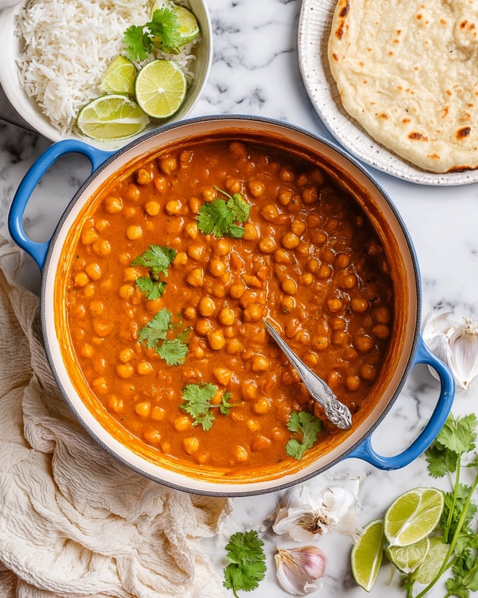 A large white pot with blue handles is filled with thick orange-brown chickpea curry, showing many whole chickpeas in a smooth sauce with a few green cilantro leaves scattered on top. A silver spoon is partially dipped in the curry, lifting some of it slightly above the surface. Around the pot, there are lime wedges, garlic cloves, and cilantro leaves on a white marbled surface, with a cream-colored cloth beneath the pot. To the upper right, a white plate with a flatbread and to the lower left, a white bowl with white rice and lime slices are visible. Photo taken with an iphone --ar 4:5 --v 7
