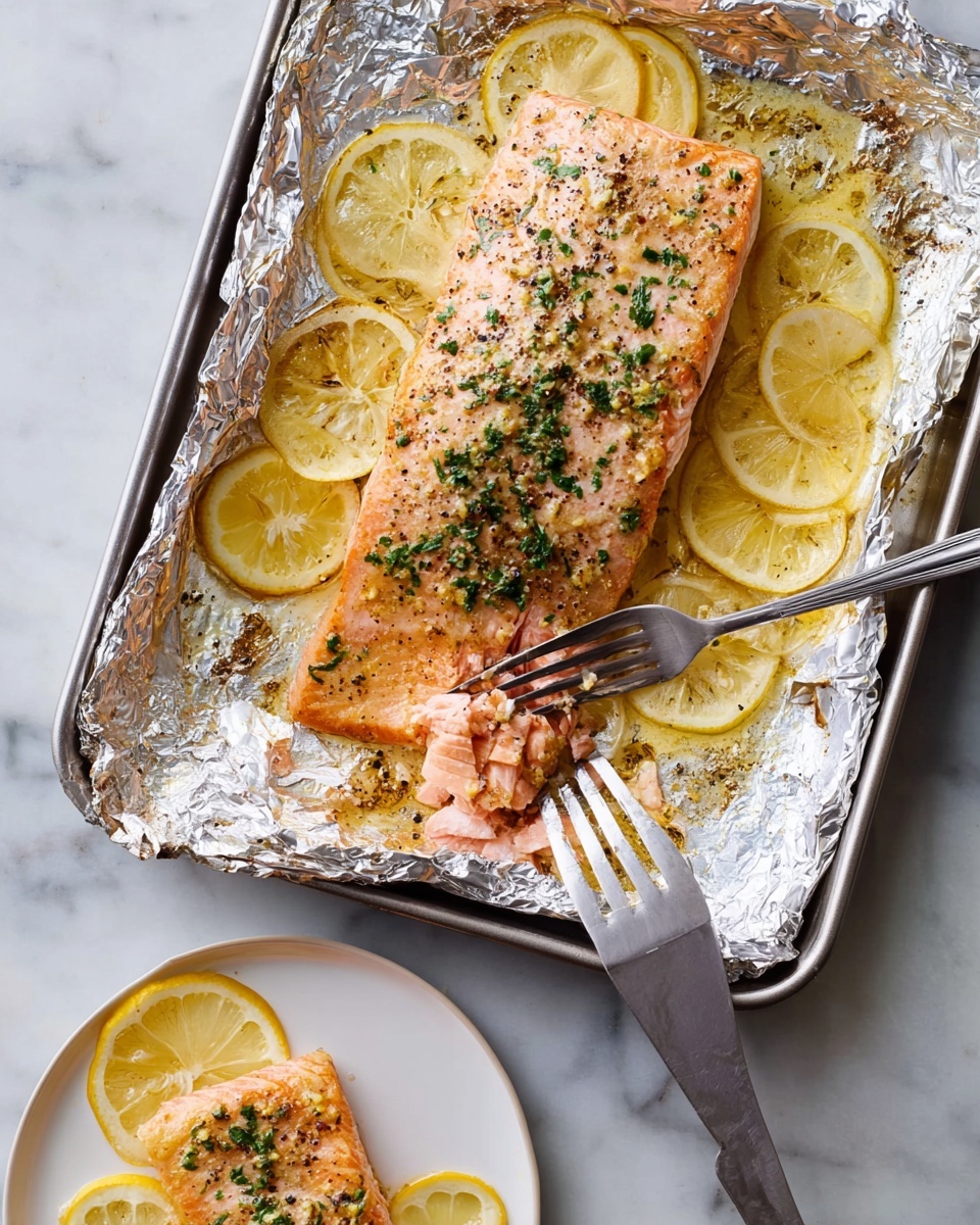 A large salmon fillet with a pinkish-orange color, cooked and topped with green herbs and black pepper, rests on a bed of bright yellow lemon slices on a foil-lined tray. The foil has a shiny silver texture and slightly crinkled edges. Below, a white plate holds a smaller pink salmon piece sitting on lemon slices, with a silver fork pressing into the salmon. The whole scene is set on a white marbled surface, with a metal spatula on the tray near the salmon. photo taken with an iphone --ar 4:5 --v 7
