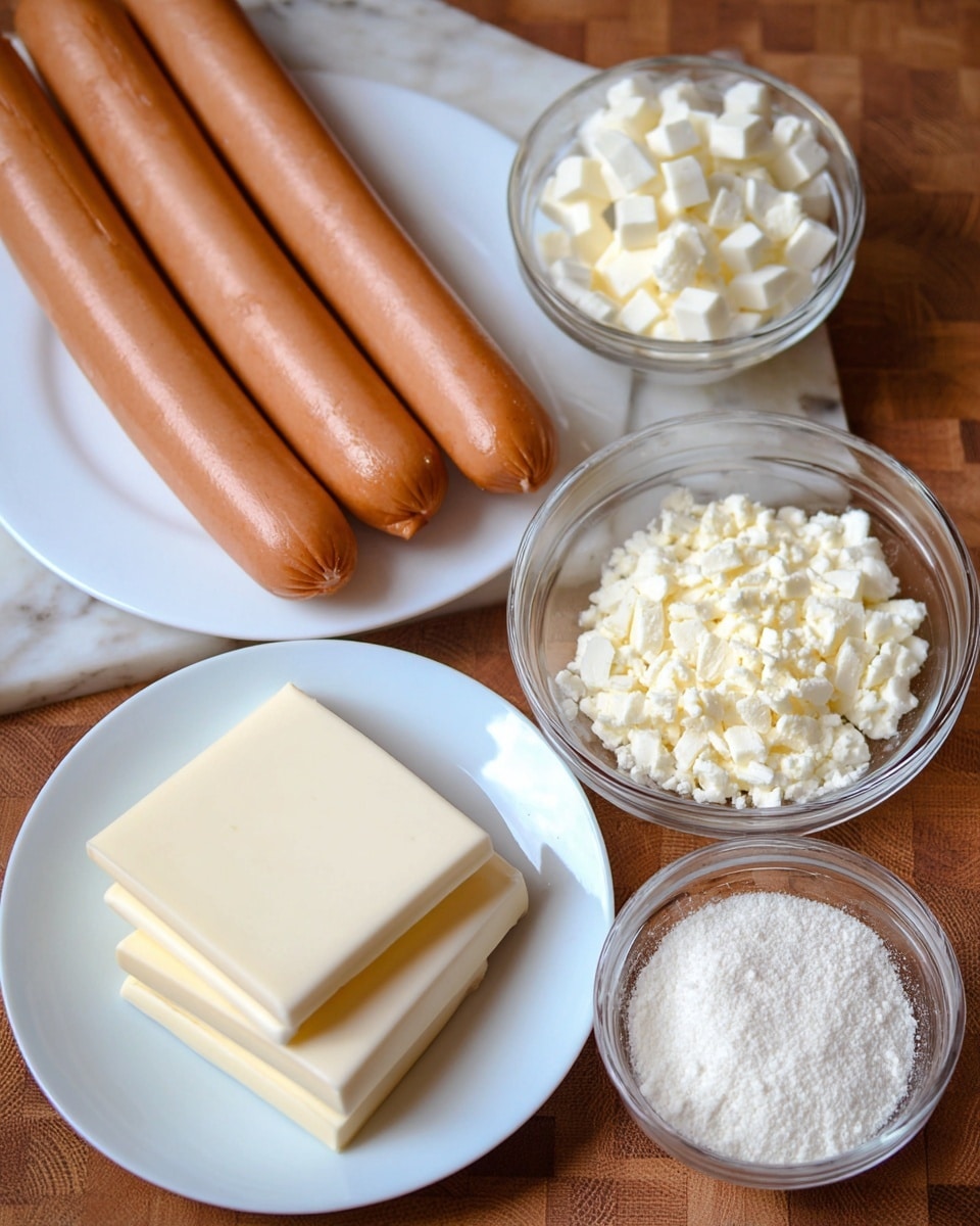 The image shows four light brown hot dogs lying side by side on a white plate, next to a small stack of square white cheese slices that have smooth edges and a shiny texture. Nearby, there are three clear glass bowls: one filled with small white cheese crumbs, one with small white cubes of cheese, and the smallest bowl contains a fine white powder. The plates and bowls are set on a brown wooden surface with a subtle white marbled effect. Photo taken with an iphone --ar 4:5 --v 7