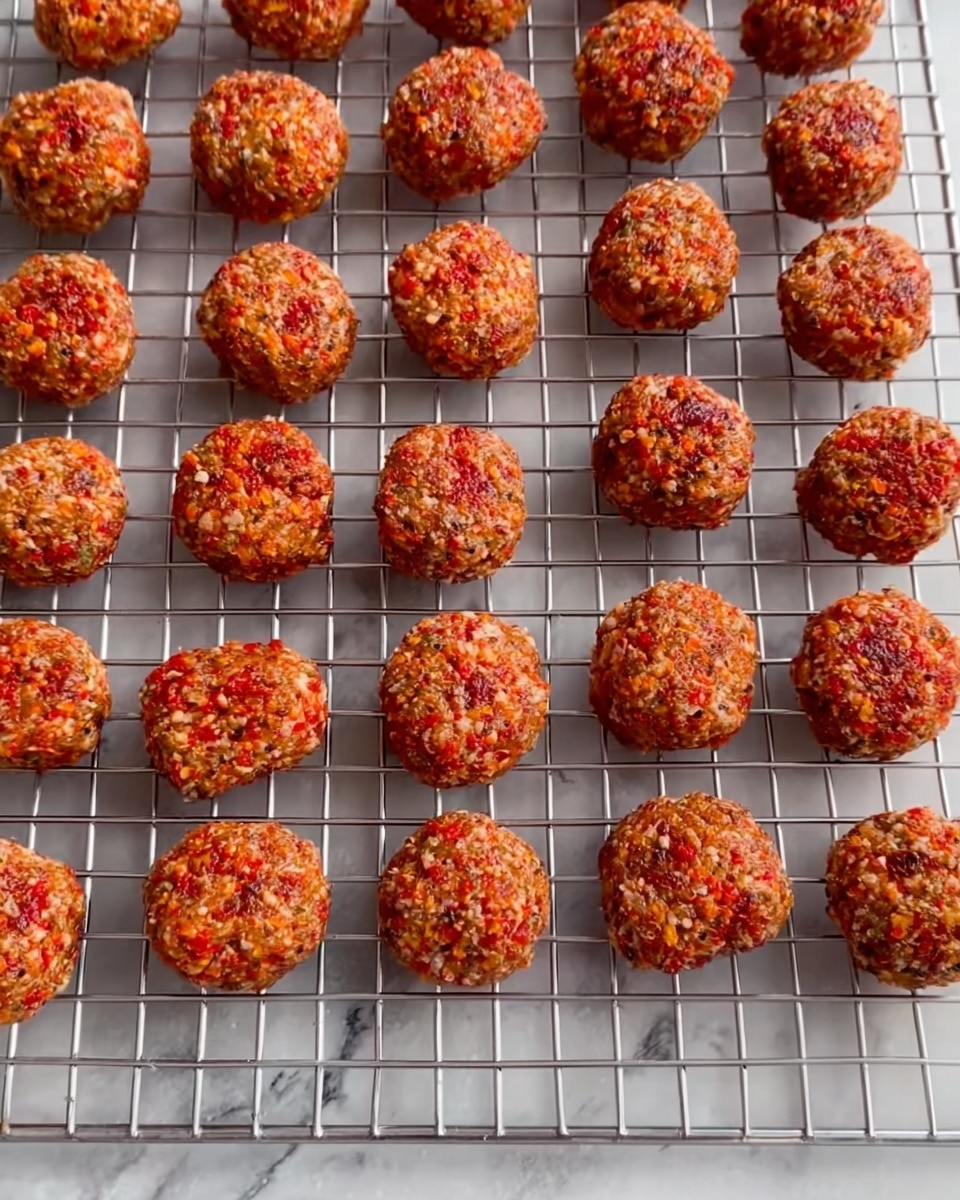 The image shows many small, round meatballs evenly placed on a metal wire rack with a grid pattern. The meatballs have a textured look with visible bits of red, orange, and light brown colors, giving them a slightly rough surface. The wire rack sits on a white marbled surface. Each meatball is similar in size and shape, forming neat rows across the rack. photo taken with an iphone --ar 4:5 --v 7