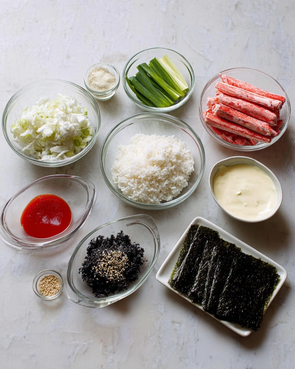 The image shows several clear glass bowls placed on a white marbled surface, each containing a different ingredient. There is a bowl filled with white cooked rice, another with sliced green onions, and one with a white creamy sauce. Another bowl holds red crab stick pieces stacked together, while a smaller one contains black seaweed flakes with some sesame seeds. There are two small oval bowls, one with a bright red sauce and the other with a light beige liquid. Additionally, there is a bowl with a soft white cream cheese-like substance and a small white rectangular plate holding several dark sheets of seaweed. photo taken with an iphone --ar 4:5 --v 7