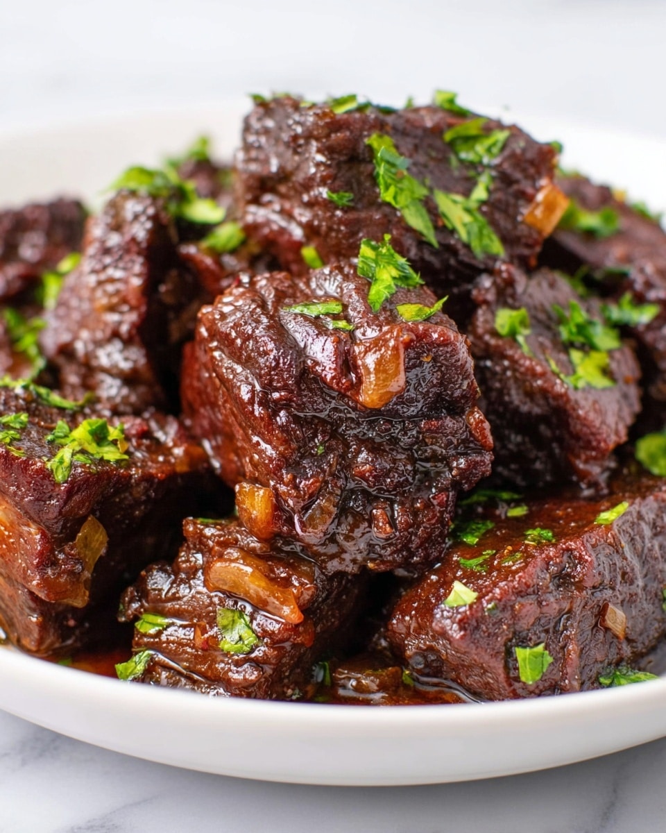 A white plate holds a pile of dark brown beef chunks, each piece glistening with sauce and showing a slightly rough texture. The beef pieces are stacked irregularly, with some resting on top of others, and small bits of cooked onions are visible clinging to the meat. Bright green chopped herbs are scattered over the beef, adding a fresh color contrast. The plate sits on a white marbled surface, and the photo is in sharp close-up, highlighting the moist texture and rich color of the beef. Photo taken with an iphone --ar 4:5 --v 7