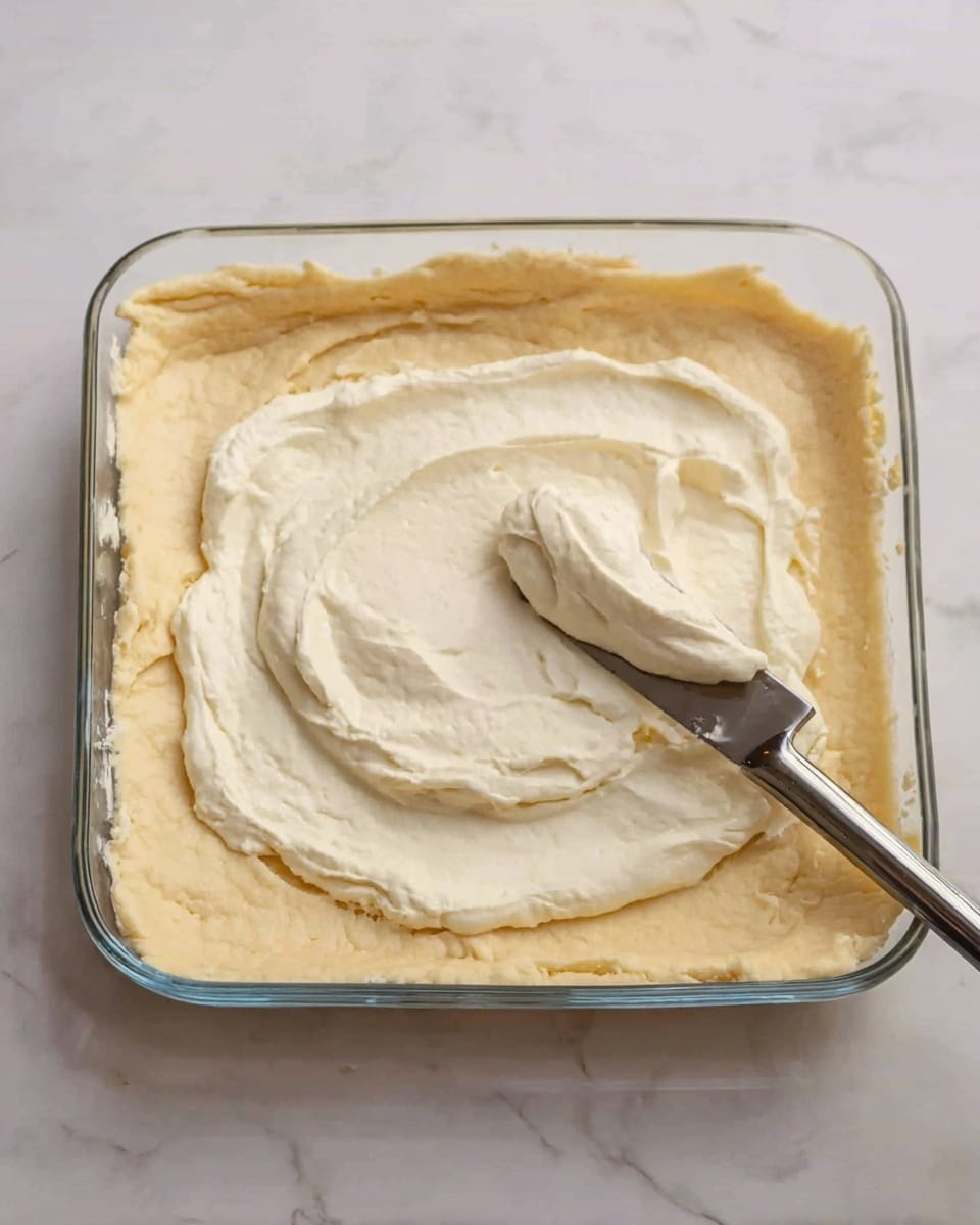 A clear glass baking dish holds a thick, pale golden dough pressed to cover the bottom and edges, forming the base layer with slightly uneven edges. On top of the dough, there is one large dollop of smooth, creamy white filling in the center, and a silver spatula is partially smoothing this creamy layer. The baking dish sits on a white marbled surface. photo taken with an iphone --ar 4:5 --v 7
