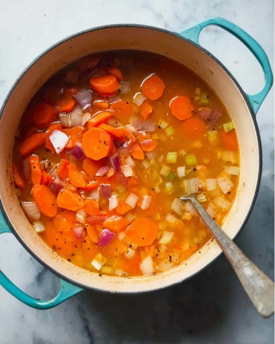 The image shows a white pot with a turquoise handle, filled with a thick soup that has three visible layers of ingredients. The top layer shows bright orange sliced carrots, some red onion pieces, and chunks of light brown vegetable or meat, all floating in a clear orange broth. Below these ingredients, there are small white and green diced pieces, possibly onions or celery, sitting in the broth. A spoon is partially submerged on the right side, mixing the contents. The scene is placed on a white marbled surface. photo taken with an iphone --ar 4:5 --v 7