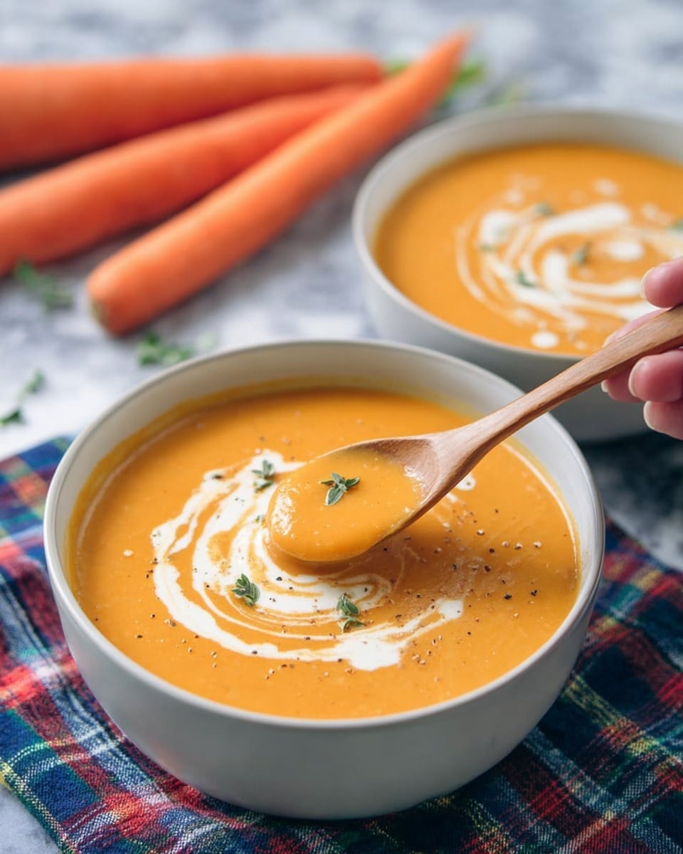 Two bowls of smooth orange soup are placed on a white marbled surface. Each white bowl is filled with thick, creamy soup that has a swirl of white cream on top, decorated with a few small green herb leaves and a light sprinkle of black pepper. A wooden spoon, held by a woman's hand, lifts some soup from the front bowl, showing the creamy texture and cream swirl clearly. In the background, three fresh orange carrots lay beside the second bowl, which is slightly out of focus. The bowls are set on a blue, white, red, and green checkered cloth. photo taken with an iphone --ar 4:5 --v 7