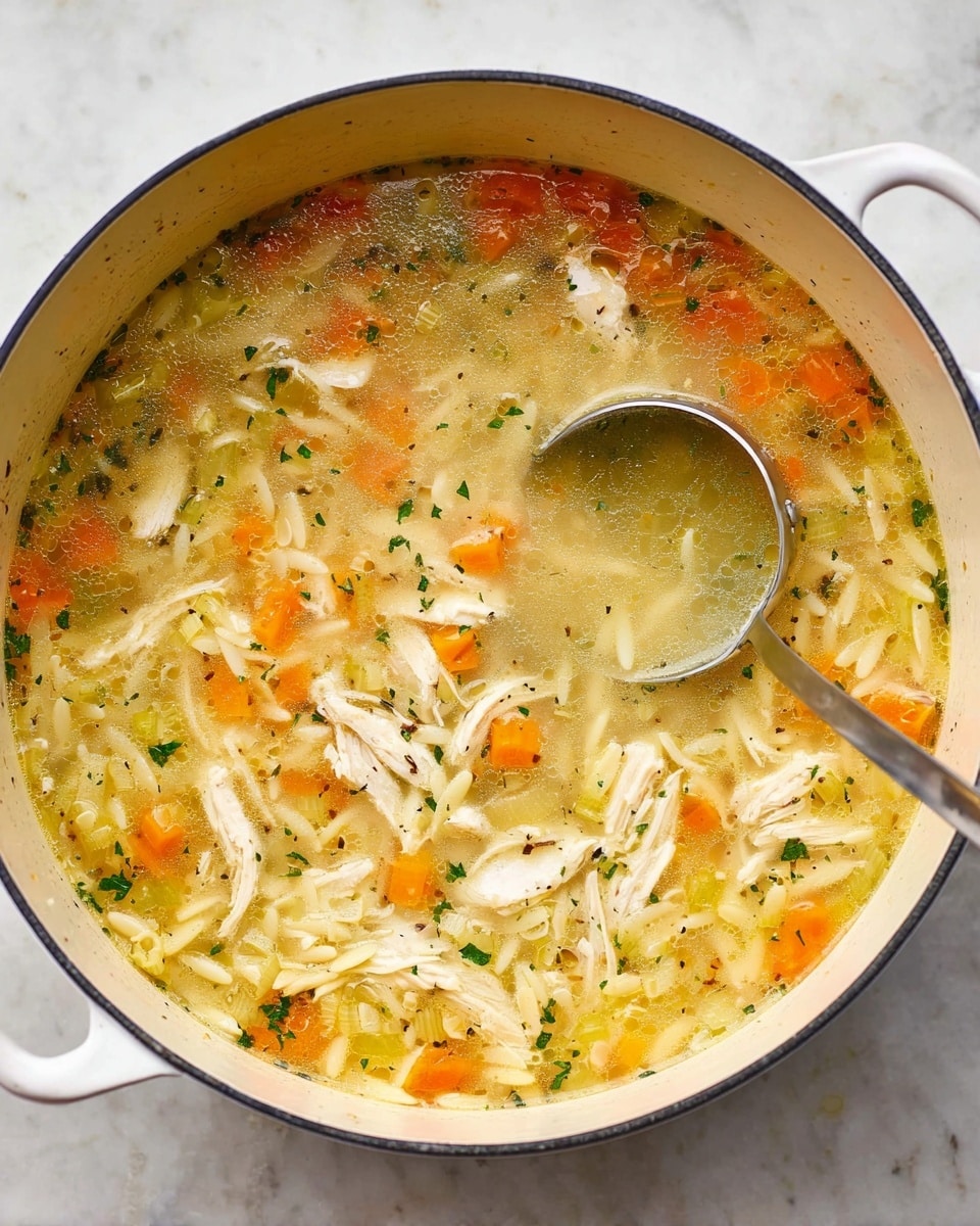 A large white pot filled with a warm chicken soup showing clear broth mixed with small pieces of white shredded chicken, orange carrot cubes, light green celery bits, and small white orzo pasta pieces evenly spread throughout. The soup has a glossy surface with tiny specks of black pepper and green herbs scattered on top. A metal ladle rests inside the pot on the right side, partially submerged, and the pot is placed on a white marbled surface. photo taken with an iphone --ar 4:5 --v 7