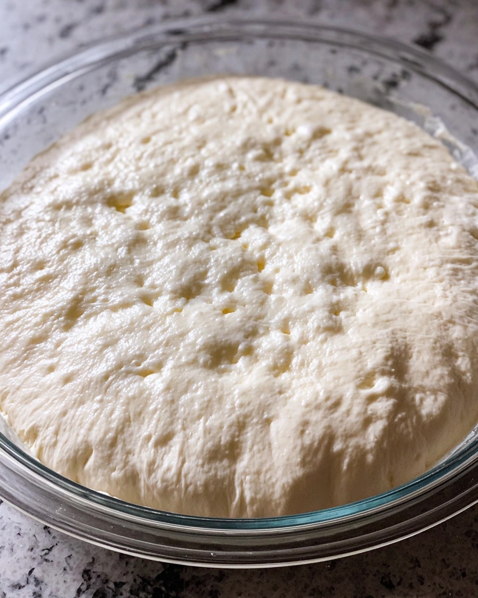 A thick, bubbly dough with a light cream color fills a clear glass bowl. The dough surface shows uneven texture with many small air pockets and some larger bubbles, giving it a soft, airy look. The dough expands to the edges inside the bowl, creating a rounded top. The background is a white marbled texture. photo taken with an iphone --ar 4:5 --v 7