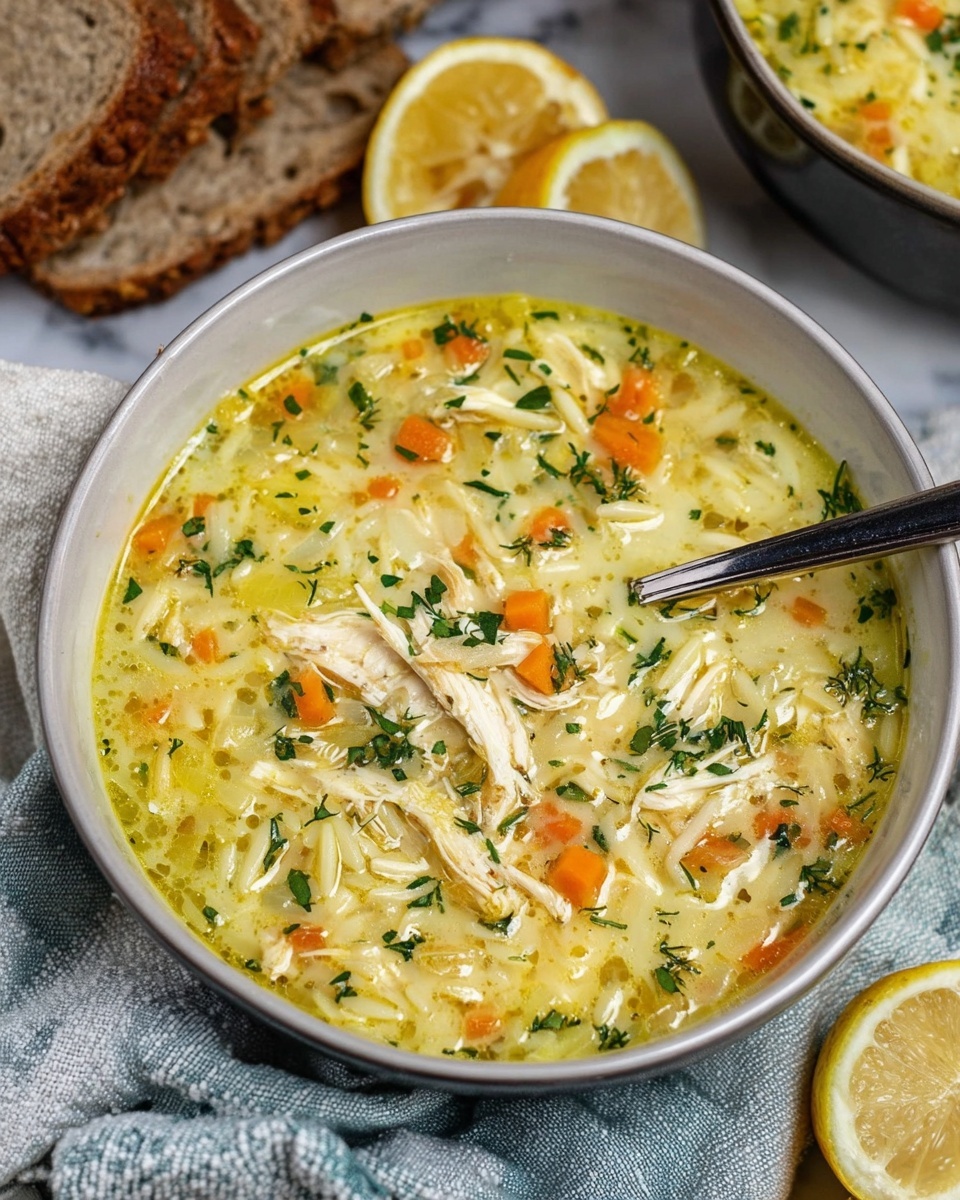 A deep bowl filled with creamy chicken soup showing visible layers of light yellow broth, shredded white chicken pieces, small orange carrot cubes, light green celery bits, and orzo pasta. Fresh green dill is sprinkled on the top, adding texture and color contrast. The bowl is dark with a blue rim, placed on a white marbled surface, with two lemon slices and two pieces of rustic bread in the background. The soup looks warm and inviting with a smooth, rich texture. photo taken with an iphone --ar 4:5 --v 7