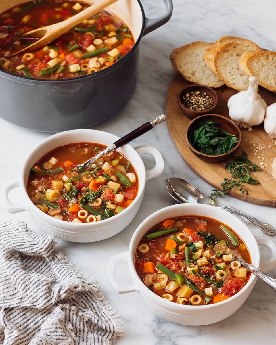 The image shows two white bowls filled with vegetable soup placed on a white marbled surface. Each bowl contains a colorful mix of ingredients arranged in layers: orange carrot slices, green beans, small round pasta, white beans, and pieces of tomato in a rich red broth, sprinkled with green herbs. Next to the bowls is a large black pot filled with the same soup and a wooden spoon lifting some soup with visible vegetable pieces. There is a wooden board on the side holding two garlic bulbs, three small wooden bowls—one with red pepper flakes and one with chopped green herbs—some fresh parsley, and sliced pieces of crusty bread. A striped cloth napkin is positioned near the bowls. photo taken with an iphone --ar 4:5 --v 7
