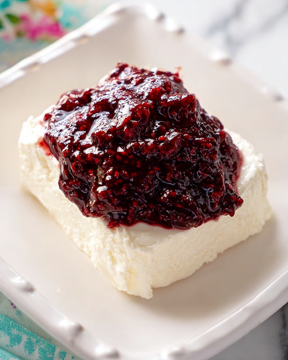 The image shows a square white plate with a single block of creamy white cream cheese at the center. On top of the cream cheese, there is a thick, glossy layer of dark red berry jam with visible seeds and a slightly chunky texture, piled unevenly. The white marbled background contrasts softly with the bright white plate and the vibrant red jam, making the colors stand out. The plate has a simple, elegant design with small round bumps lining the edge. photo taken with an iphone --ar 4:5 --v 7